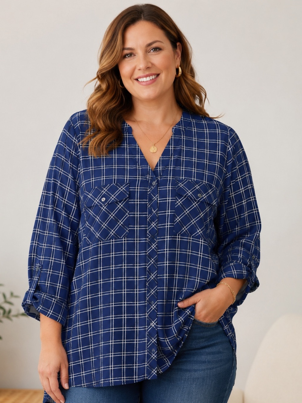 Notations Women’s XL Navy Blue White Plaid Button Front Blouse